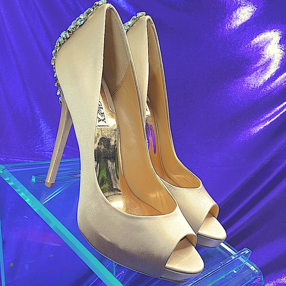 Badgley Mischka Kiara Embellished Peep-Toe Platform Evening Pumps (WORN)